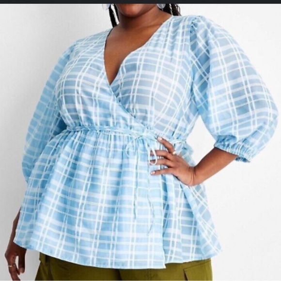 Blue Plaid V-Neck Blouse - Picture 1 of 6
